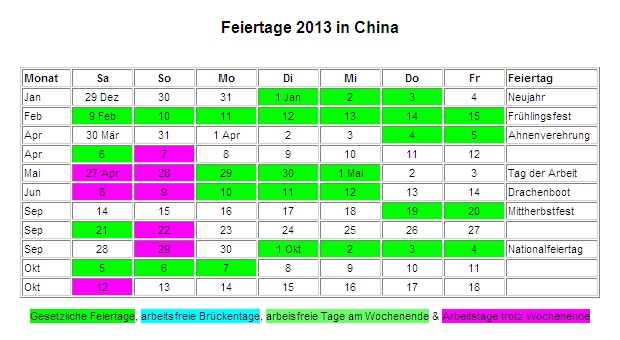 Kalender 2013 fr China Feiertage