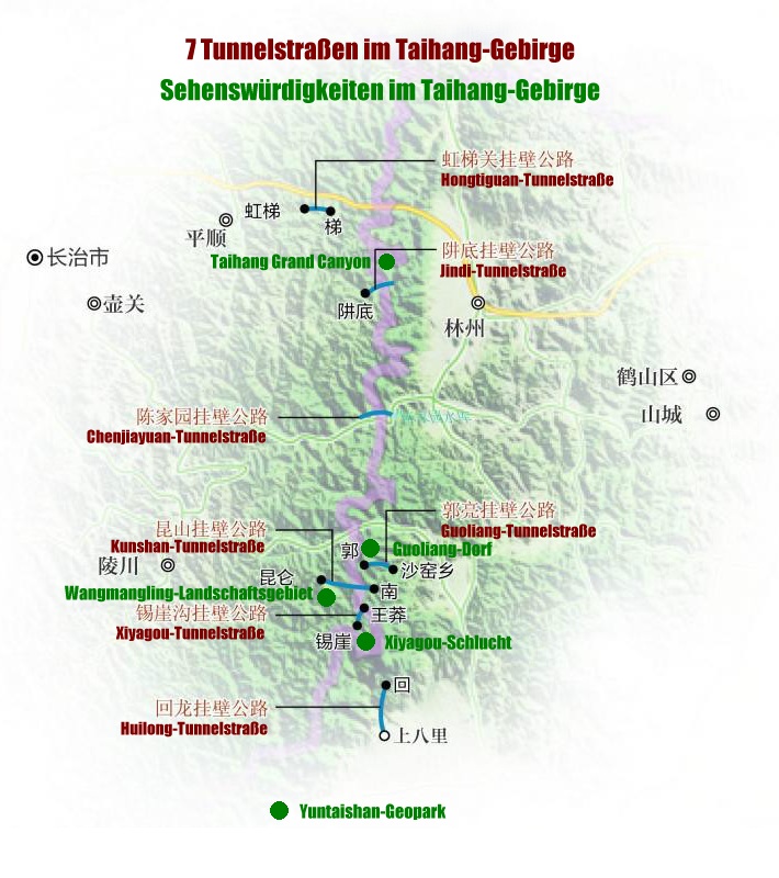 Reisekarte fr Tunnelstrassen und Sehenwrdigkeiten im Taihang-Gebirge